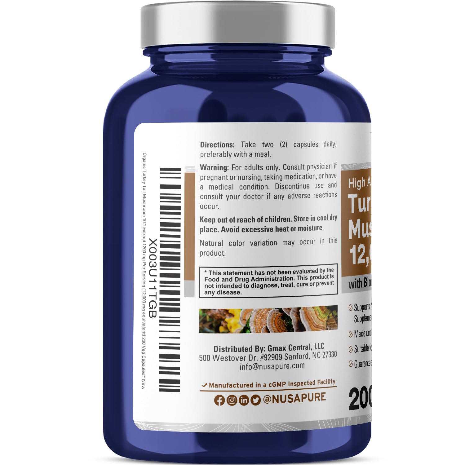 NusaPure Turkey Tail Mushroom Capsules, 10:1 Extract, 1200 mg Equivalent to 12,000mg, 200 Vcaps, Non-GMO, Gluten Free, Bioperine NusaPure uk supplements