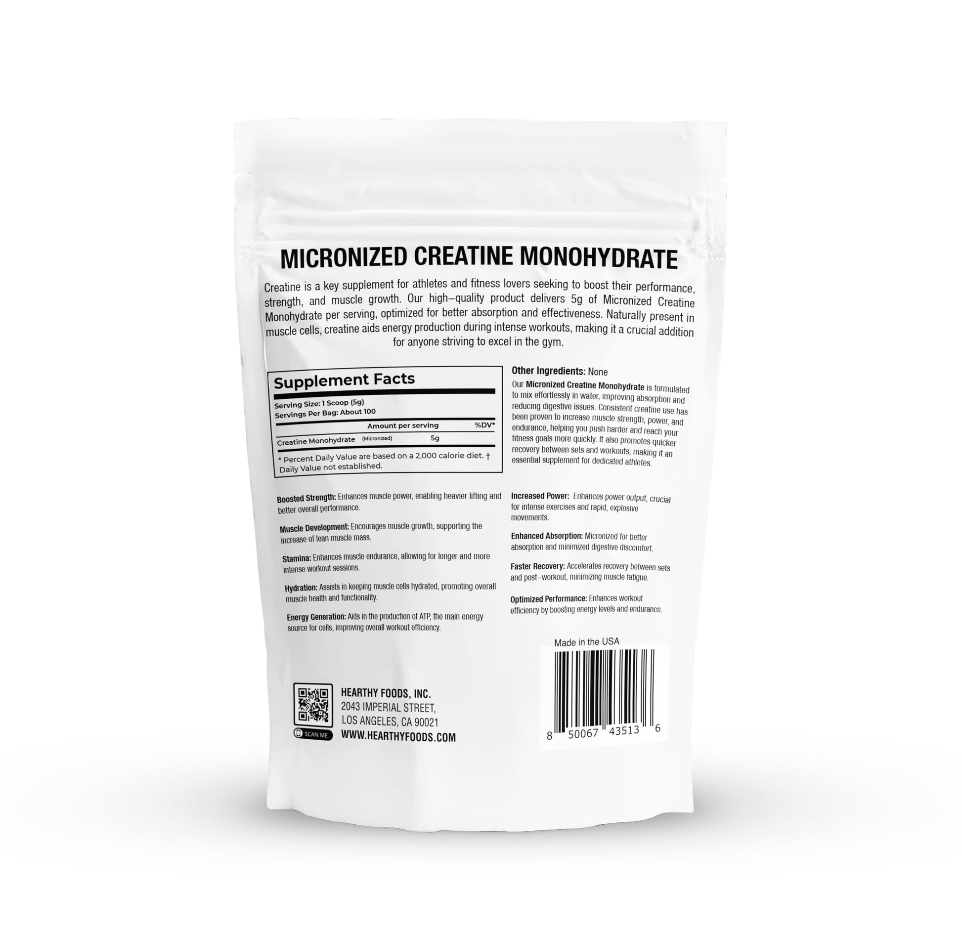 HEARTHY FOODS Creatine Monohydrate Micronized Powder 500G - 100 Servings, 5000mg Per Serving (5g) - 17.9 Oz for Men & Women Muscle Growth & Recovery - UNFLAVORED HEARTHY FOODS uk supplements