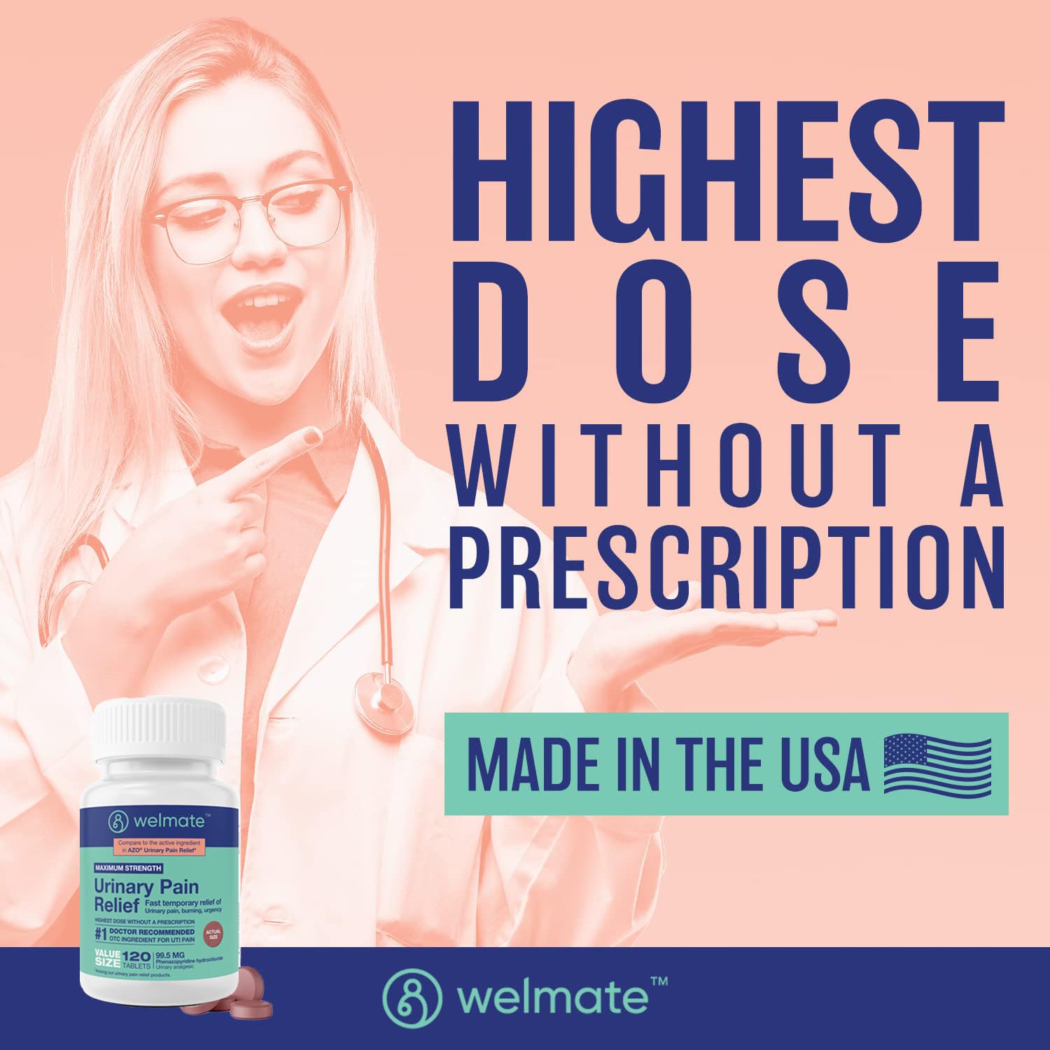 WELMATE Urinary Pain UTI Relief Maximum Strength (Phenazopyridine HCL) - Improve Urinary Tract Health & Bladder Control, Urgency, & Discomfort | Over-The-Counter Medication for Men & Women (120 Pills) WELMATE uk supplements