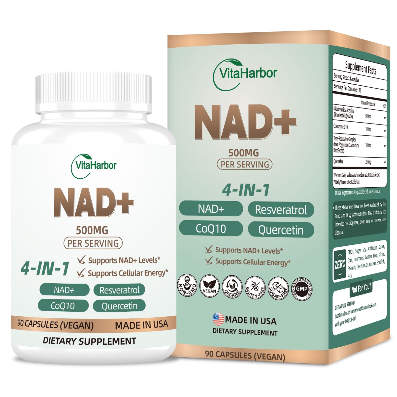 NAD Supplement 500mg, Pure Organic NAD+ Supplement for Women & Men, NAD+ with Trans-Resveratrol & CoQ10 & Quercetin for Cellular Energy & Healthy Aging, NMN Alternative (90 Vegan Caps) VitaHarbor uk supplements