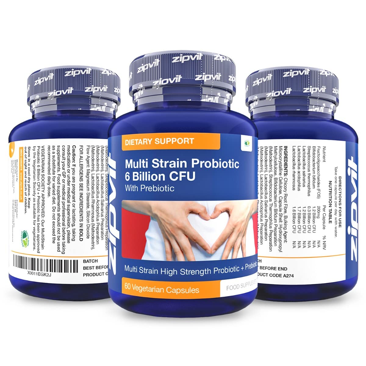 Probiotic 6 Billion Multi-Strain Live Bio Cultures Complex with Prebiotic, 60 Vegetarian Zipvit uk supplements