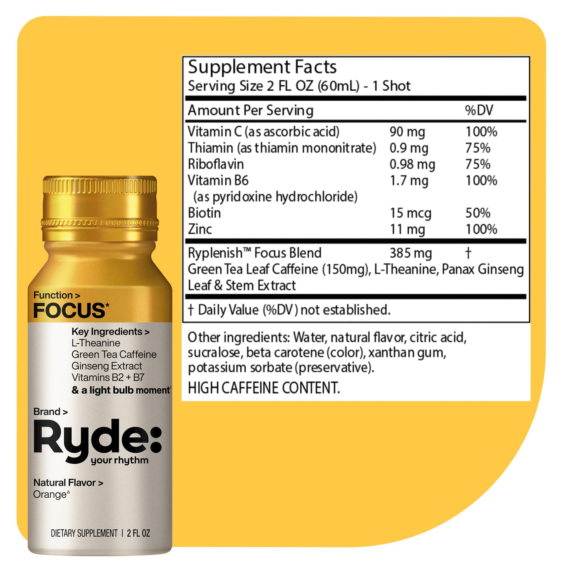 Ryde: Focus Shot | Orange Flavor | L-Theanine & Ginseng | Green Tea Caffeine | Vitamins B2 & B7 | 0 Calories, 0 Sugar | 2 FL OZ Shots | Supports Focus* (8 Pack) RYDE uk supplements