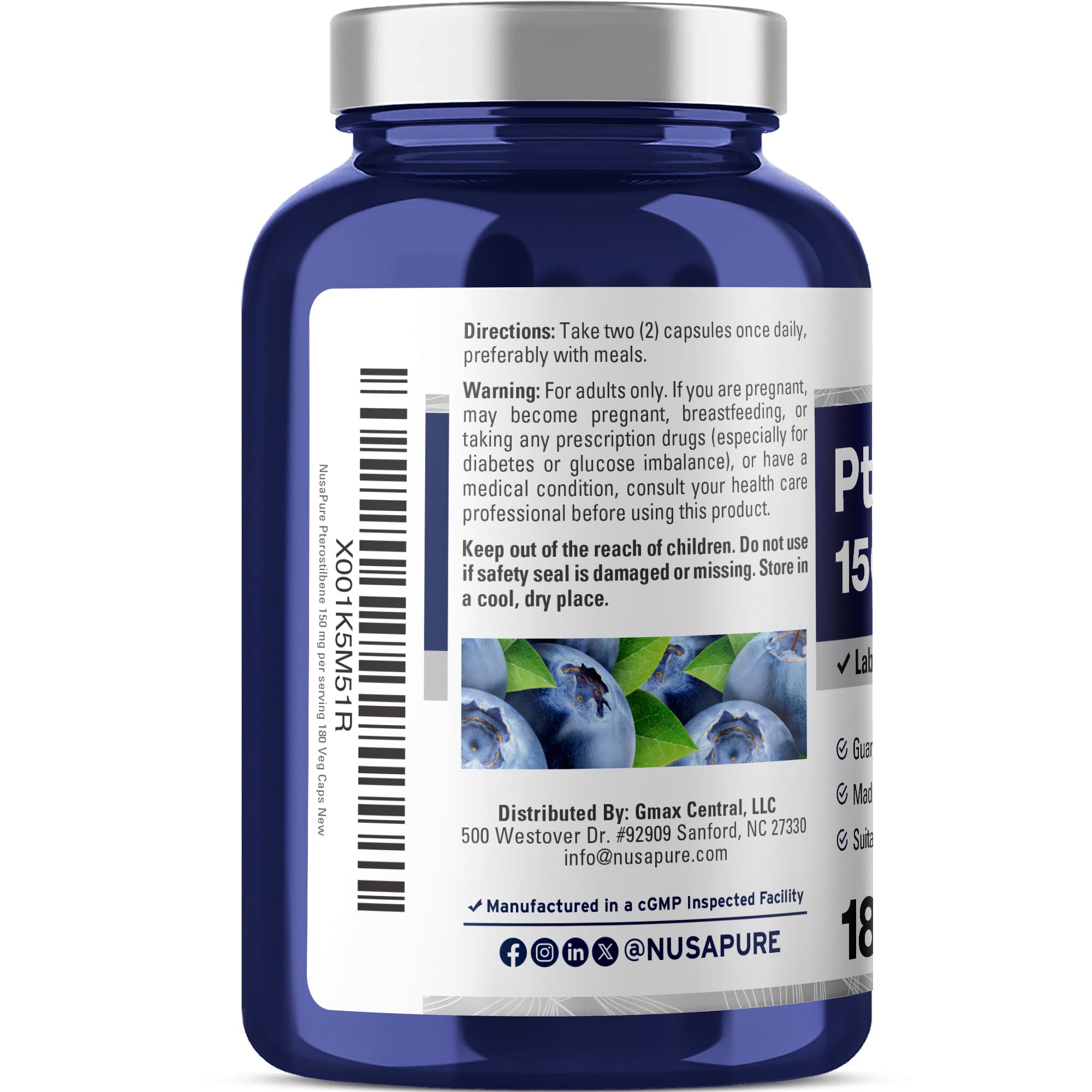 NusaPure Pterostilbene 150mg 180 Veggie Caps (Non-GMO, Vegan) NusaPure uk supplements