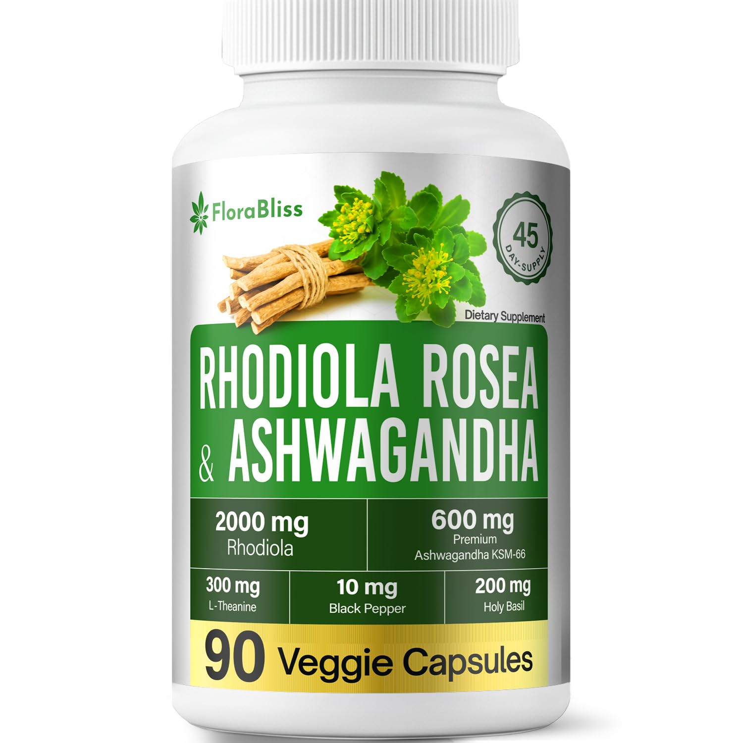 FloraBliss Rhodiola Rosea with Ashwagandha KSM-66, L-Theanine, Holy Basil & Black Pepper - 90 High Potency Vegan Capsules - 45-Day Supply FloraBliss uk supplements