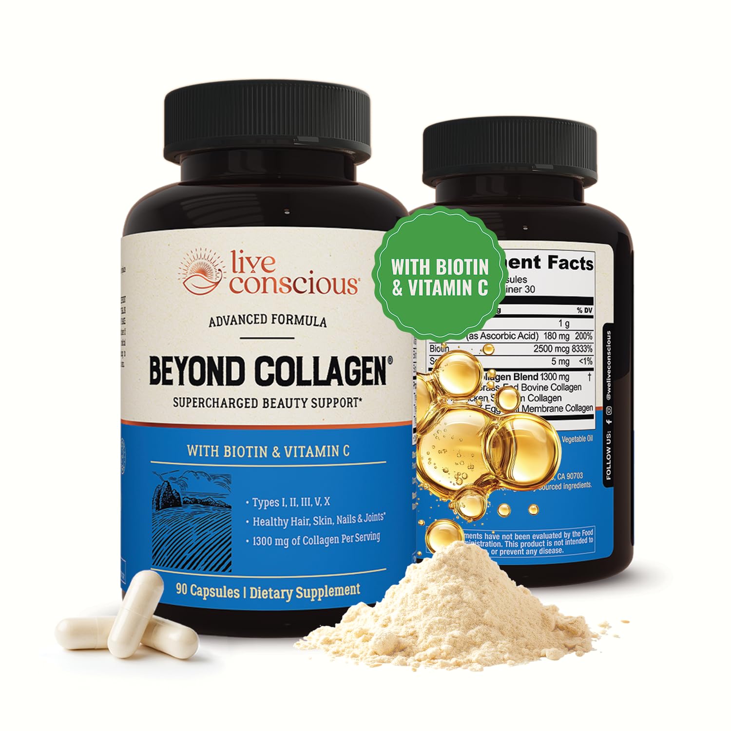 Live Conscious Beyond Collagen Multi Collagen Capsules - Types I, II, III, V & X - Hydrolyzed Blend with Biotin & Vitamin C for Hair, Skin, Nails 90 Capsules Live Conscious uk supplements
