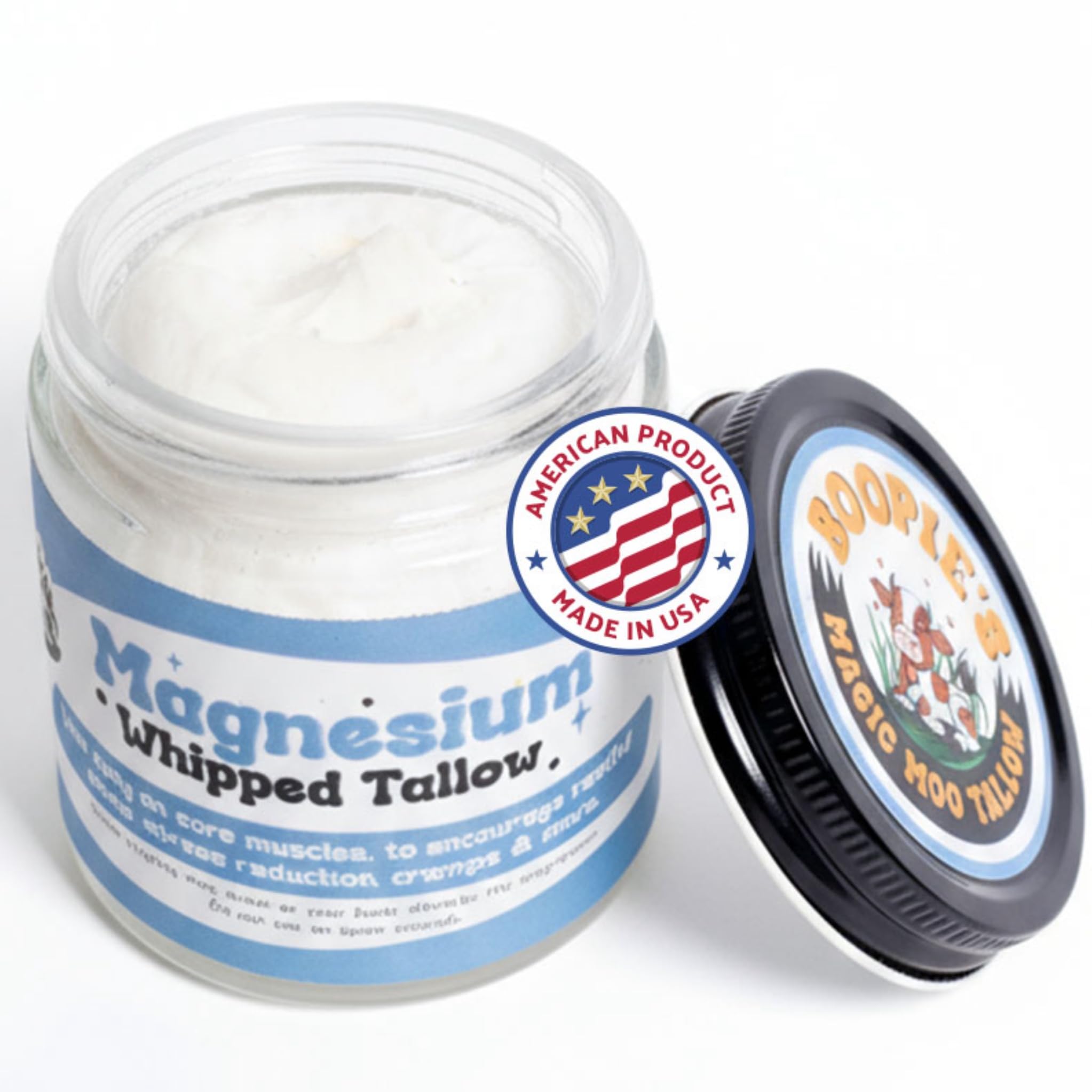 Magic Moo Magnesium Whipped Tallow Skincare for sore muscles, sleep, muscle and period cramps, stress, relaxation & more. Topical magnesium that works. Boopie's Magic Moo Tallow uk supplements