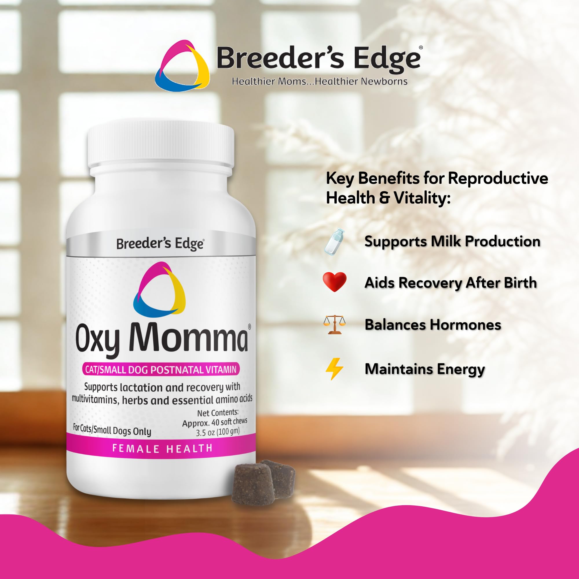Breeder's Edge Oxy Momma Soft Chews, Postnatal Vitamin Supplement for Lactating Dogs and Cats, Supports Recovery, Hormones, and Next Pregnancy - for Small Dogs & Cats, 40ct Soft Chews Revival Animal Health uk supplements
