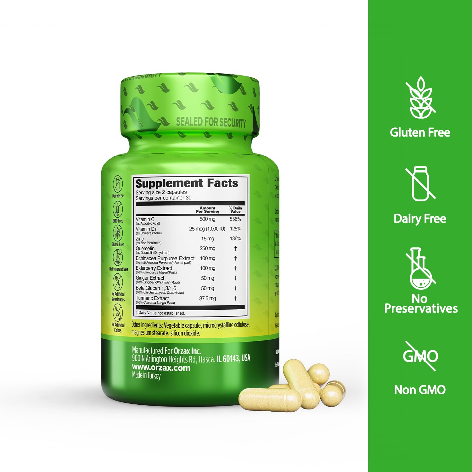 ORZAX 9 in 1 Immune Defense Booster Herbal Supplement, Specialized High Strength Formula - Vitamin C & D, Zinc, Quercetin, Turmeric & Ginger, Echinacea - Non-GMO - 60 Veggie Capsules - 30 Day Supply ORZAX uk supplements