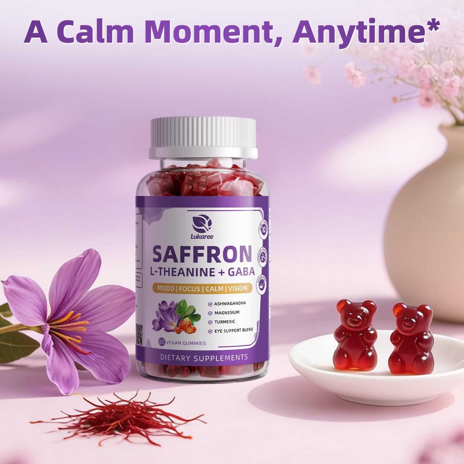 10-in-1 Saffron Supplements Gummies - Saffron Extract 88.5 mg with L-Theanine, GABA, Ashwagandha, Turmeric,Magnesium – Mood, Focus, Vision Support & Cortisol Balance, Sugar Free, Vegan, 60 Counts Lukaree uk supplements