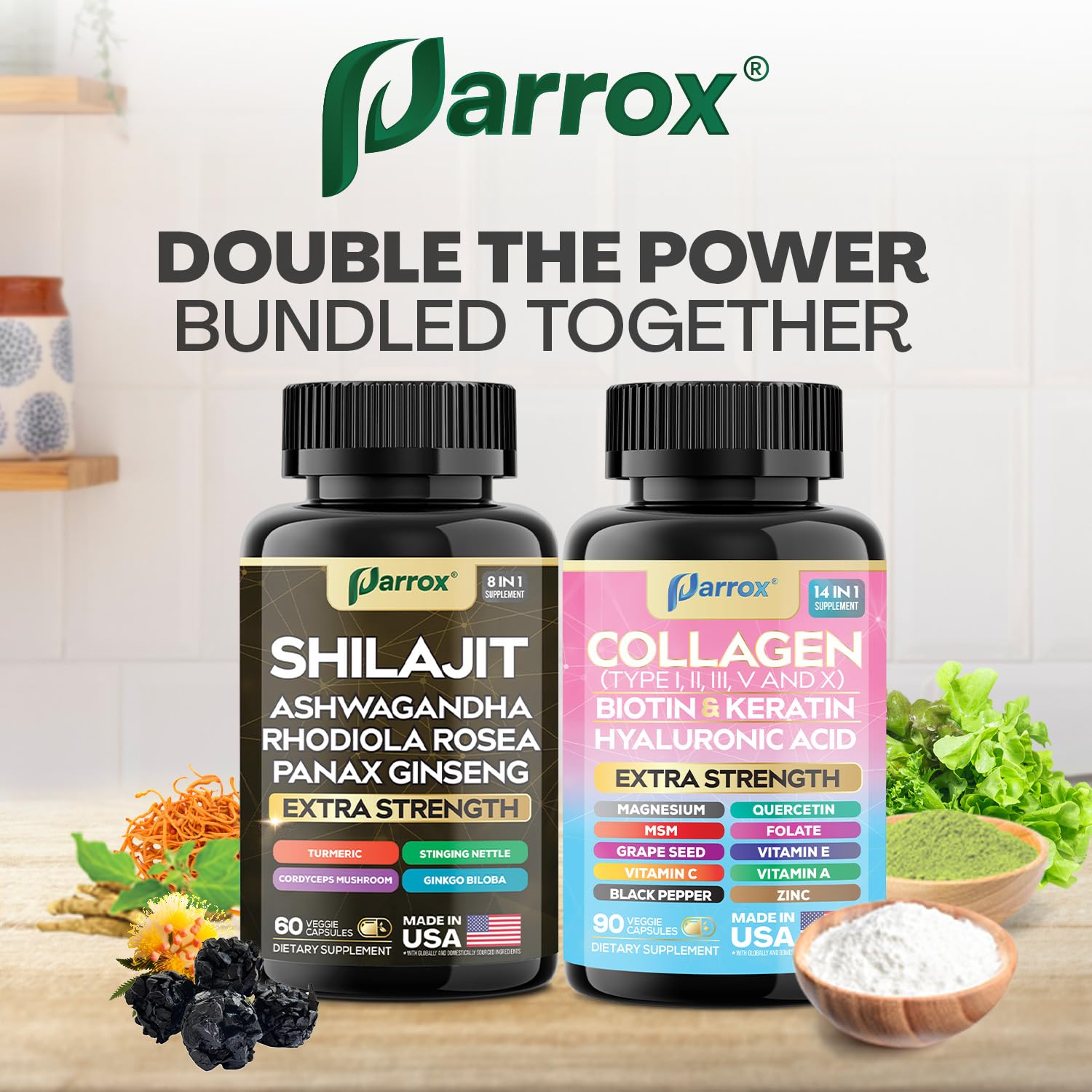 Parrox Adaptogen & Beauty Bundle – Rhodiola, Panax Ginseng, Ashwagandha, Cordyceps, Turmeric, Collagen, Biotin, Keratin, MSM, Hyaluronic Acid, Zinc, Quercetin, Vitamin C, A & E, Folate, Magnesium Parrox uk supplements