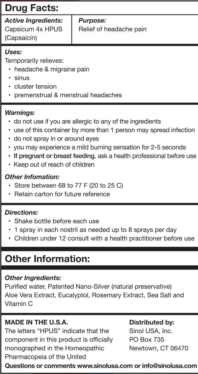 Sinol Headache Relief Spray, Over-The-Counter Medication Nose Spray for Migraine Cluster Tension, Sinus Relief & Nasal Decongestants, 15 ml Sinol uk supplements