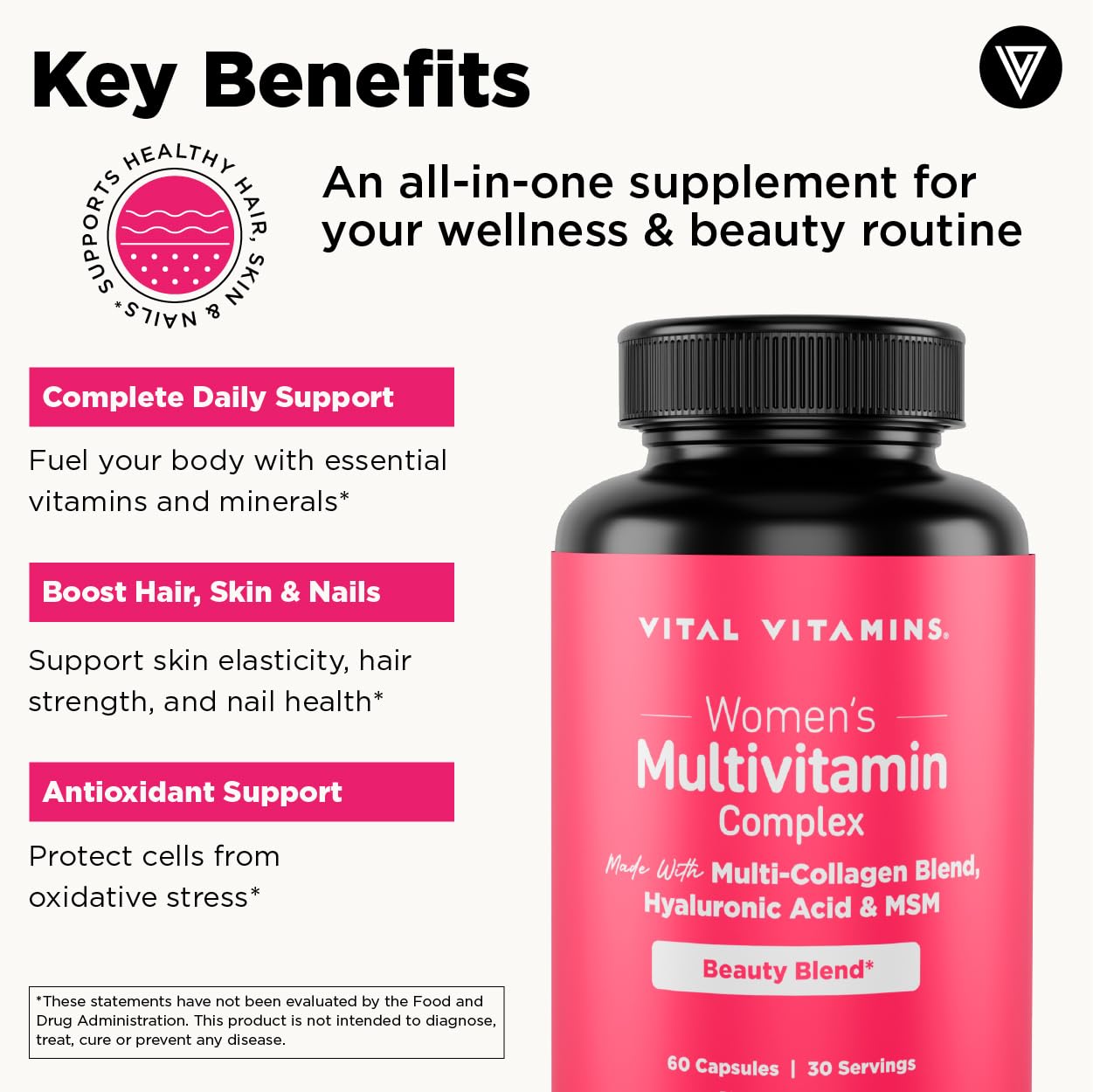 Vital Vitamins Women's Multivitamin Complex - Made with Multi-Collagen Blend, Hyaluronic Acid, & MSM - Beauty Multivitamins - with Vitamin A, C, E, B6, B12, D3-60 Capsules Vital Vitamins uk supplements