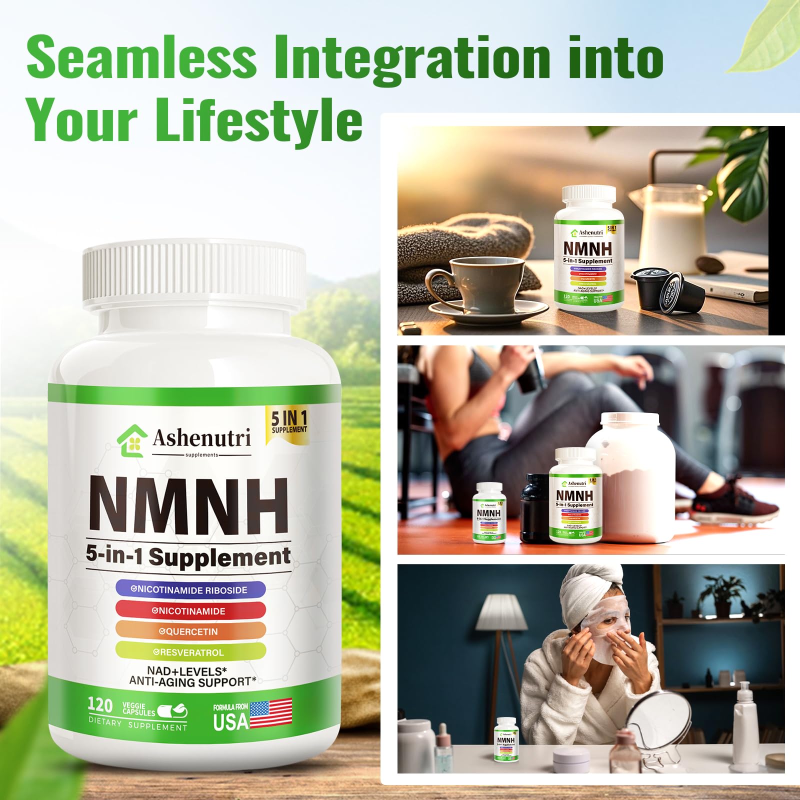 NMNH (Dihydronicotinamide Mononucleotide), NMN Alternative Supplement w/Niacinamide (Vitamin B3), Quercetin, Trans-Resveratrol, Support NAD+, Skin Cell Health*, Anti-Aging & Energy, 120 Caps Ashenutri uk supplements