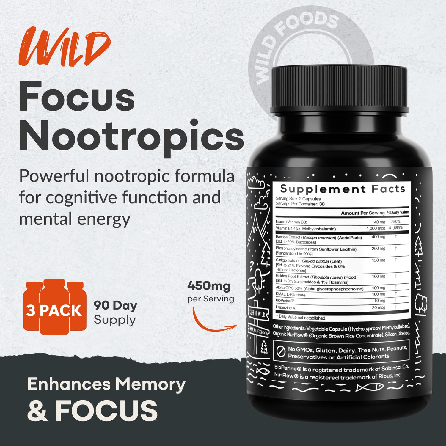 Wild Focus Brain Supplements | Caffeine-Free, Plant-Based Botanicals | Lions Mane, Ginkgo Biloba, Bacopa Monnieri, Lemon Balm | 100% Natural Nootropic | 60 caps Wild Foods uk supplements