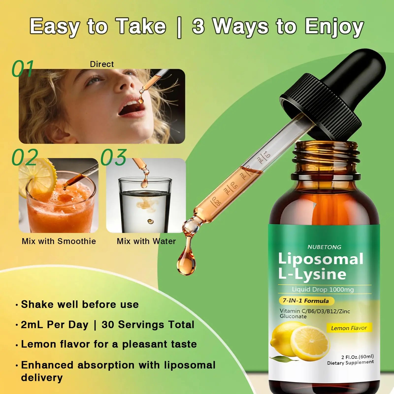 Liposomal L-Lysine 1000mg Liquid Drops, 7-in-1 Lysine Supplement for Adults with Vitamin C/B6/D3/B12 & Zinc Gluconate, Immune Support, Collagen Synthesis & Skin Lip Health, Lemon Flavor, 2 Fl Oz Nubetong uk supplements