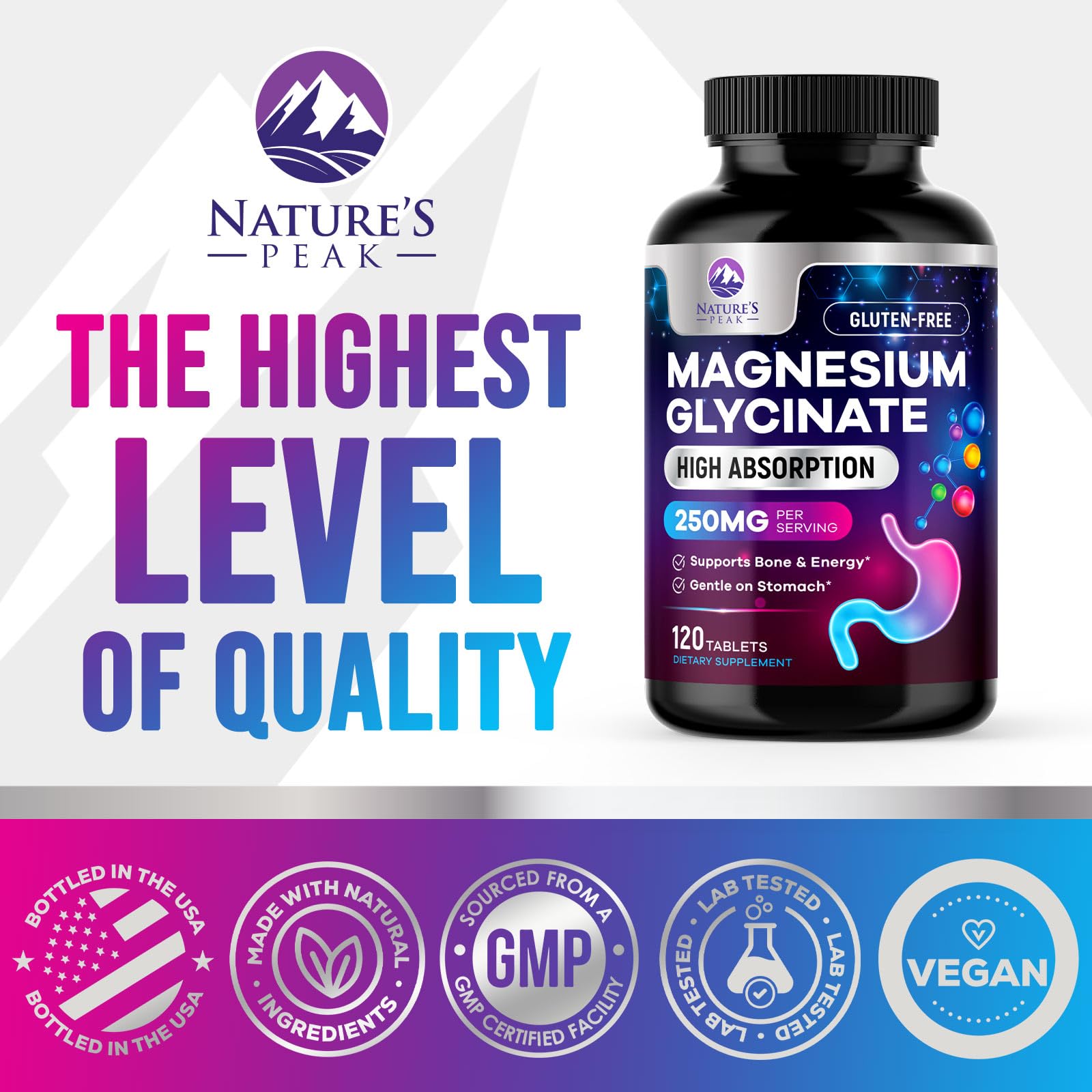 Magnesium Glycinate Supplement 250mg - 100% Chelated & Purified - to Support Sleep, Heart Health, Muscles, & Bone Strength - Best Absorption Magnesium Glycinate Capsules, Bottled in USA - 120 Tablets Nature's Peak uk supplements