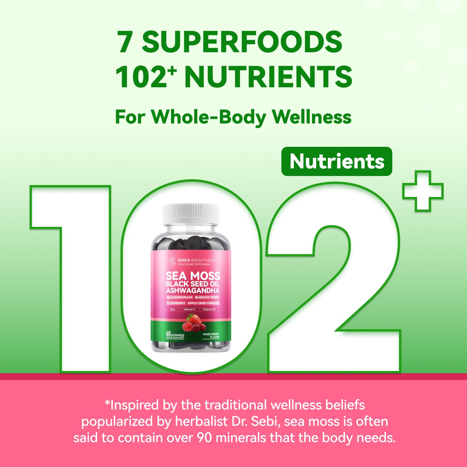 Inner Brightness Sea Moss 4000mg Gummies with Ashwagandha, Elderberry, Apple Cider Vinegar, Bladderwrack, Burdock Root – Immune Support – Mixed Berry Flavor – 60 Count Inner Brightness uk supplements