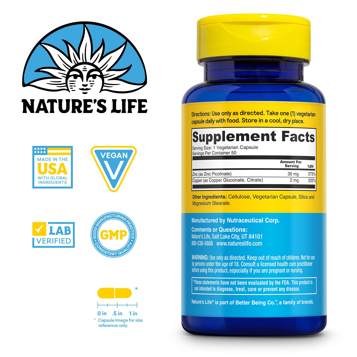 Nature's Life Zinc Picolinate 30mg Plus 2mg of Copper - Chelated Zinc Supplement for Immune, Cardiovascular, Skin, Cellular Function, and Muscle Support - 60-Day Guarantee - 50 Servings, 50 Capsules Nature's Life uk supplements