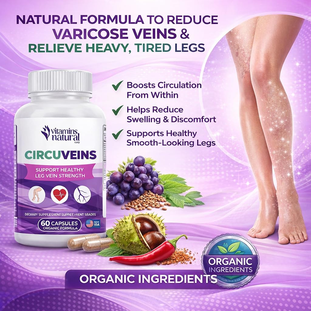 VITAMINS NATURAL CORP. CircuVeins Varicose Veins Support for Legs Capsules – Organic Vein Health Supplement with Horse Chestnut Grape Extract and Cayenne Pepper – 60 Capsules VITAMINS NATURAL CORP uk supplements