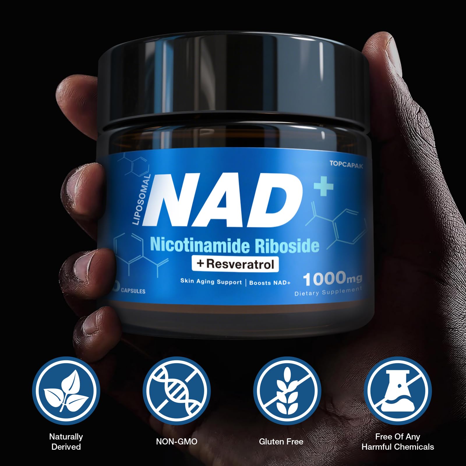 TOPCAPAK NAD+ Supplement - NAD Nicotinamide Riboside Resveratrol, Liposomal NAD+ Supplement 1000mg for for Women & Men - Healthy Aging, Brain and Cellular Energy, Non-GMO, 80 Capsules TOPCAPAK uk supplements