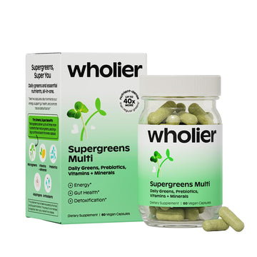 wholier Supergreens Multi, Daily Greens, Vegan Multivitamin for Women + Men, Whole Food Vitamins + Minerals, Prebiotics for Gut Health, Adaptogens (60 Vegan Capsules) Glass Bottle wholier uk supplements