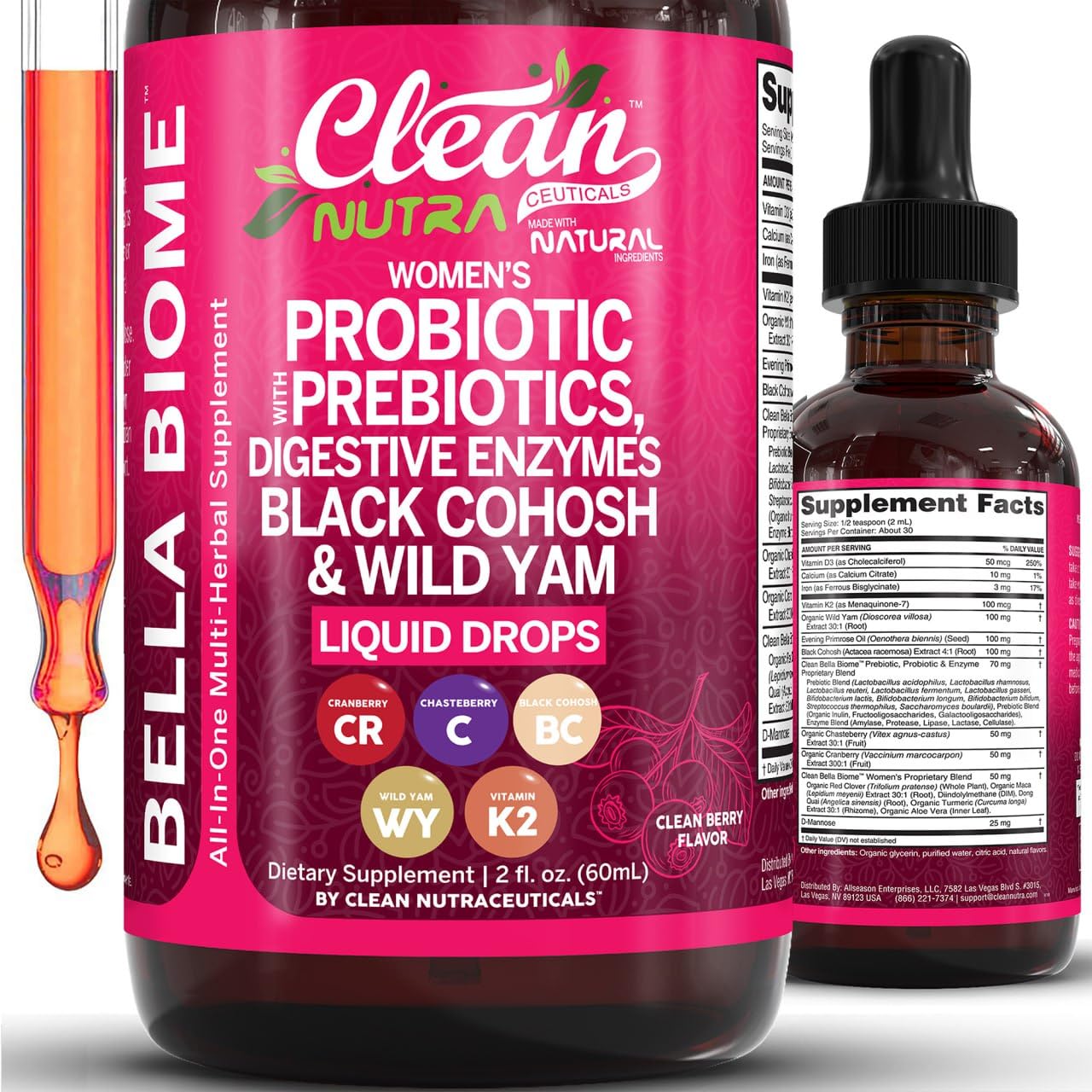 Liquid Probiotics for Women Drops with Chasteberry, Black Cohosh, Prebiotics, Digestive Enzymes, Evening Primrose Oil, Wild Yam, Cranberry Dmannose and Iron Vitamin D3 K2 Clean Nutra Bella Biotics Clean Nutraceuticals uk supplements