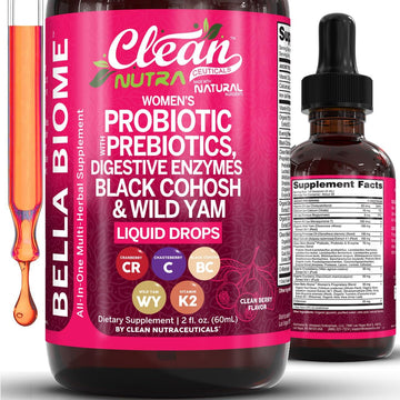 Liquid Probiotics for Women Drops with Chasteberry, Black Cohosh, Prebiotics, Digestive Enzymes, Evening Primrose Oil, Wild Yam, Cranberry Dmannose and Iron Vitamin D3 K2 Clean Nutra Bella Biotics Clean Nutraceuticals uk supplements