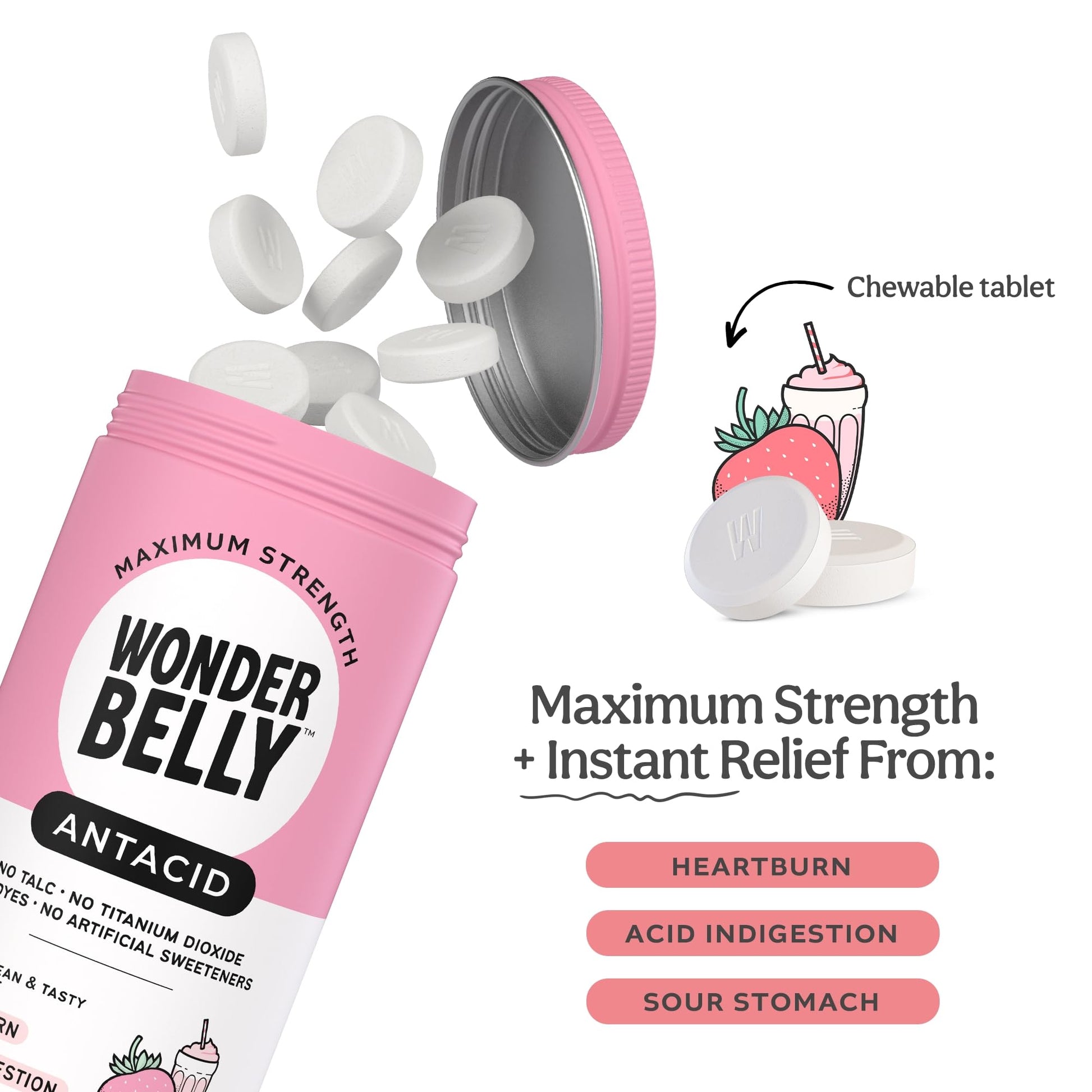 Wonderbelly Antacid, Effective Heartburn and Instant Acid Indigestion Relief, Extra Strength Chewable Tablets, 1000 mg Calcium Carbonate, No Talc or Dye, Strawberry Milkshake, 120 Count Wonderbelly uk supplements