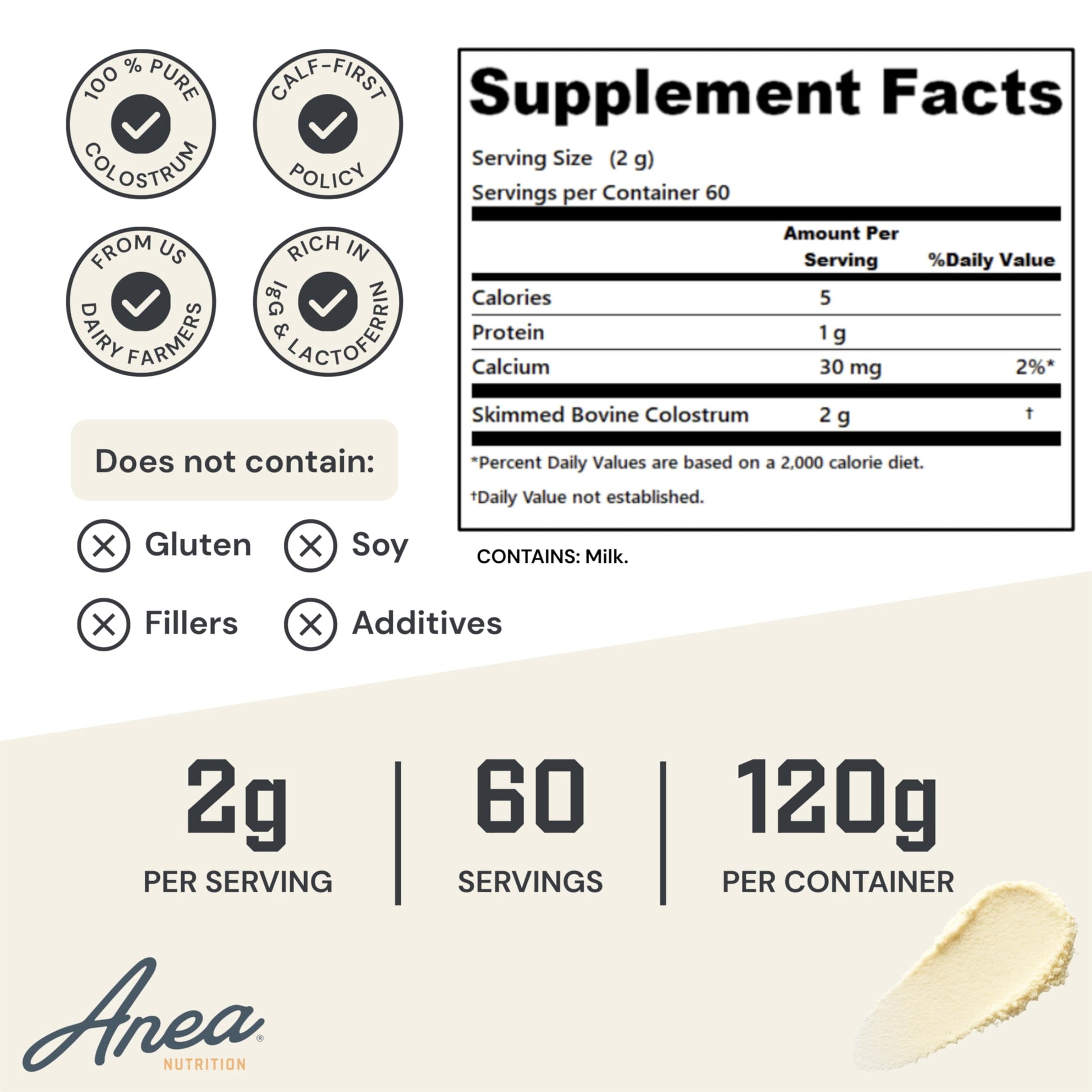 Anea Colostrum - Unflavored | Rich in Immunoglobulins & Lactoferrin | Supports Gut Health, Immunity & Recovery | Calf-First Promise | Made in USA | Made in GMP Facility Anea Nutrition uk supplements