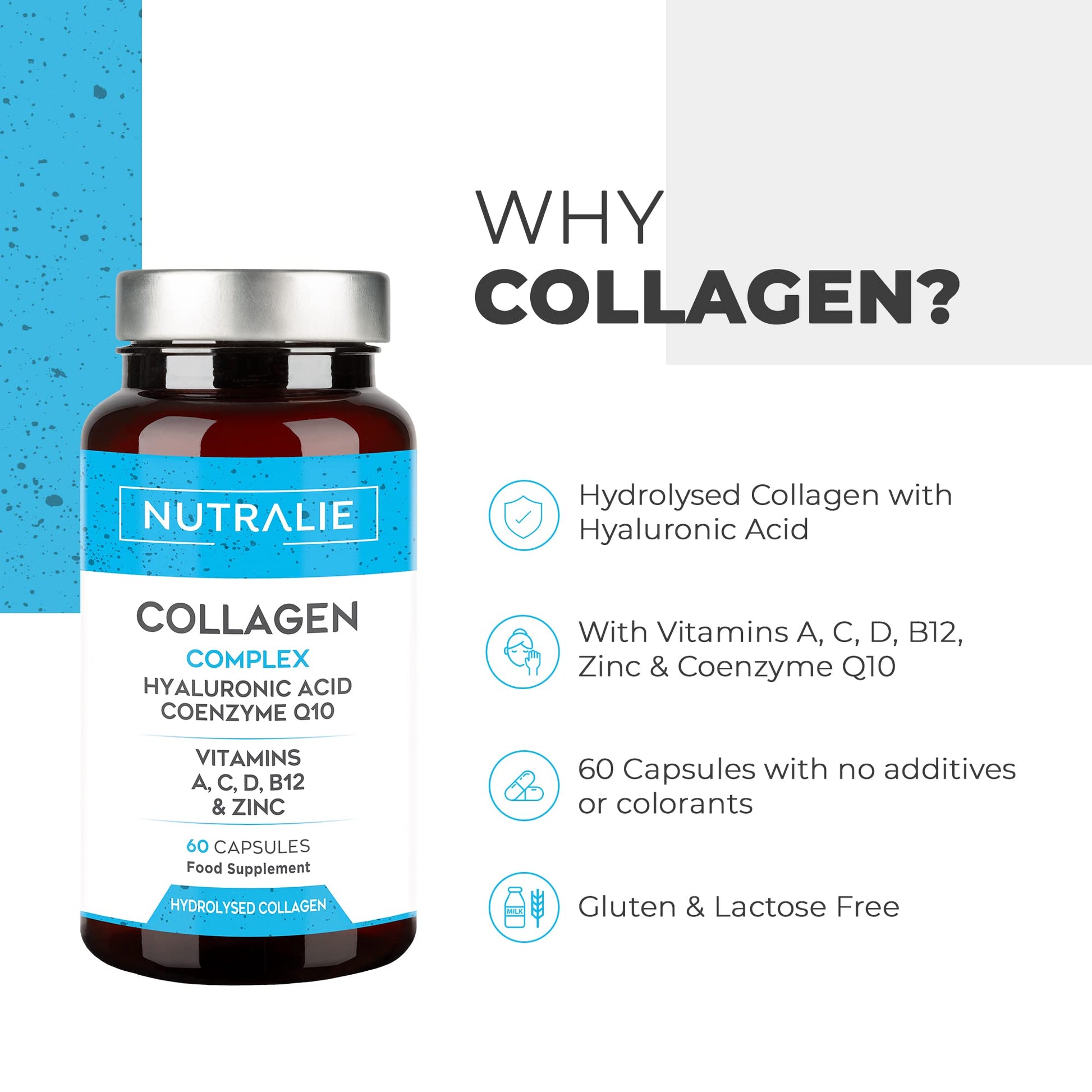 Collagen + Hyaluronic Acid + Q10 Hydrolysed Collagen Women Men + Vitamins A C D B12 Zinc NUTRALIE uk supplements