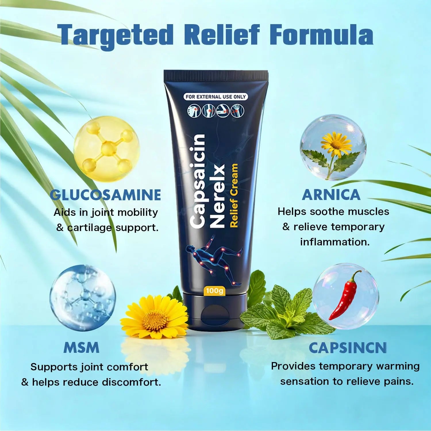 Capsaicin Nerex Relief Cream with Arnica, Menthol, MSM and Glucosamine for Body Joint Areas, Feet, Hands, Legs, Muscles, Joints, and Waist, 100g (2PACKS) bigyuan uk supplements