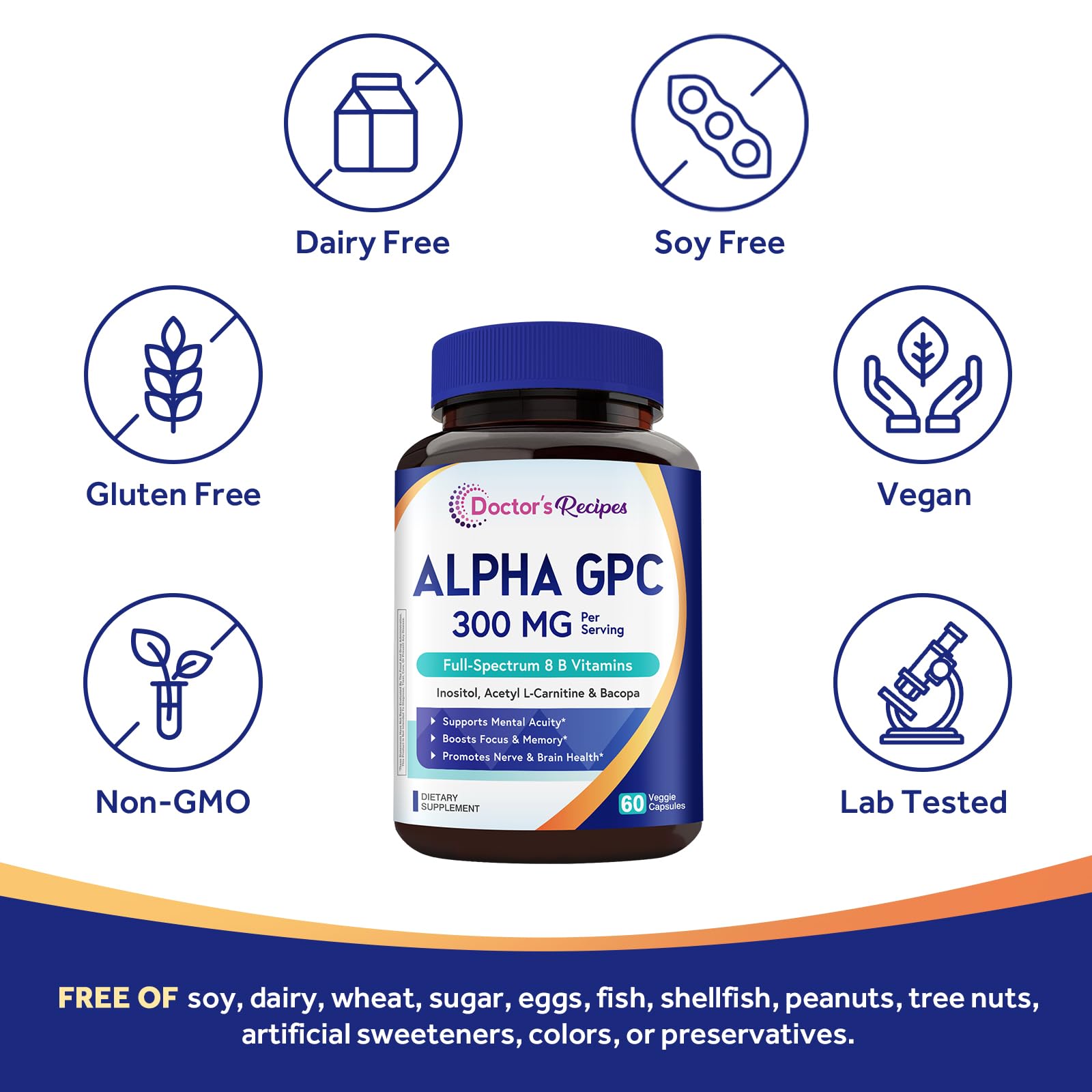 Doctor's Recipes Alpha GPC 300 mg Supplement, with 8 B Vitamins, Inositol, Acetyl L-Carnitine, Highly Bioavailable Source of Choline, 12-in-1 Cognitive Support for Women & Men, 60 Veggie Capsules Doctor's Recipes uk supplements