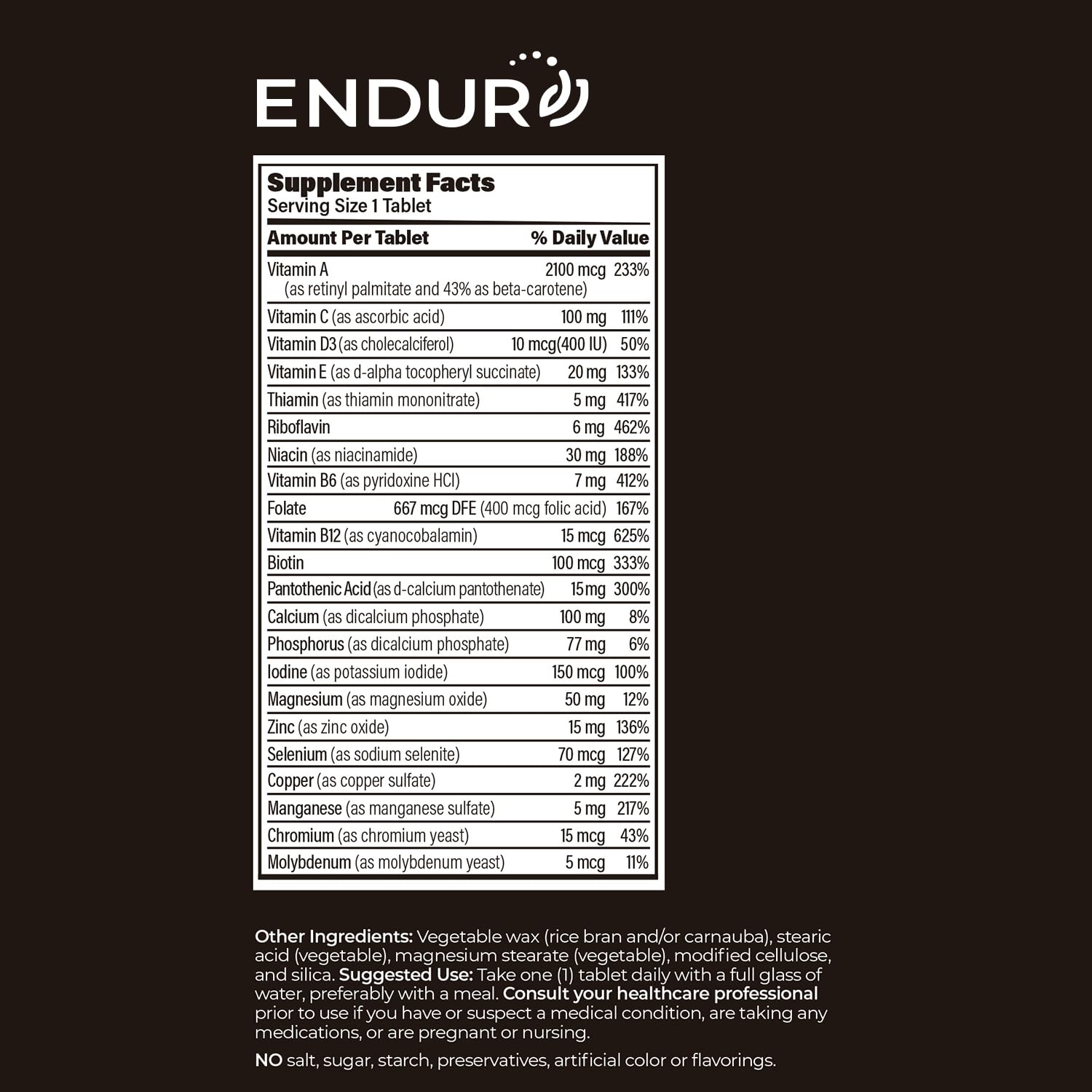 ENDUR-VM - Multivitamin Vitamin A, C, D, E, B12 & Zinc (Without Iron) SR (Sustained Release) 22 Essential Nutrients to Support Overall Wellness for Men & Postmenopausal Women - 150 Tablets Endurance Products uk supplements