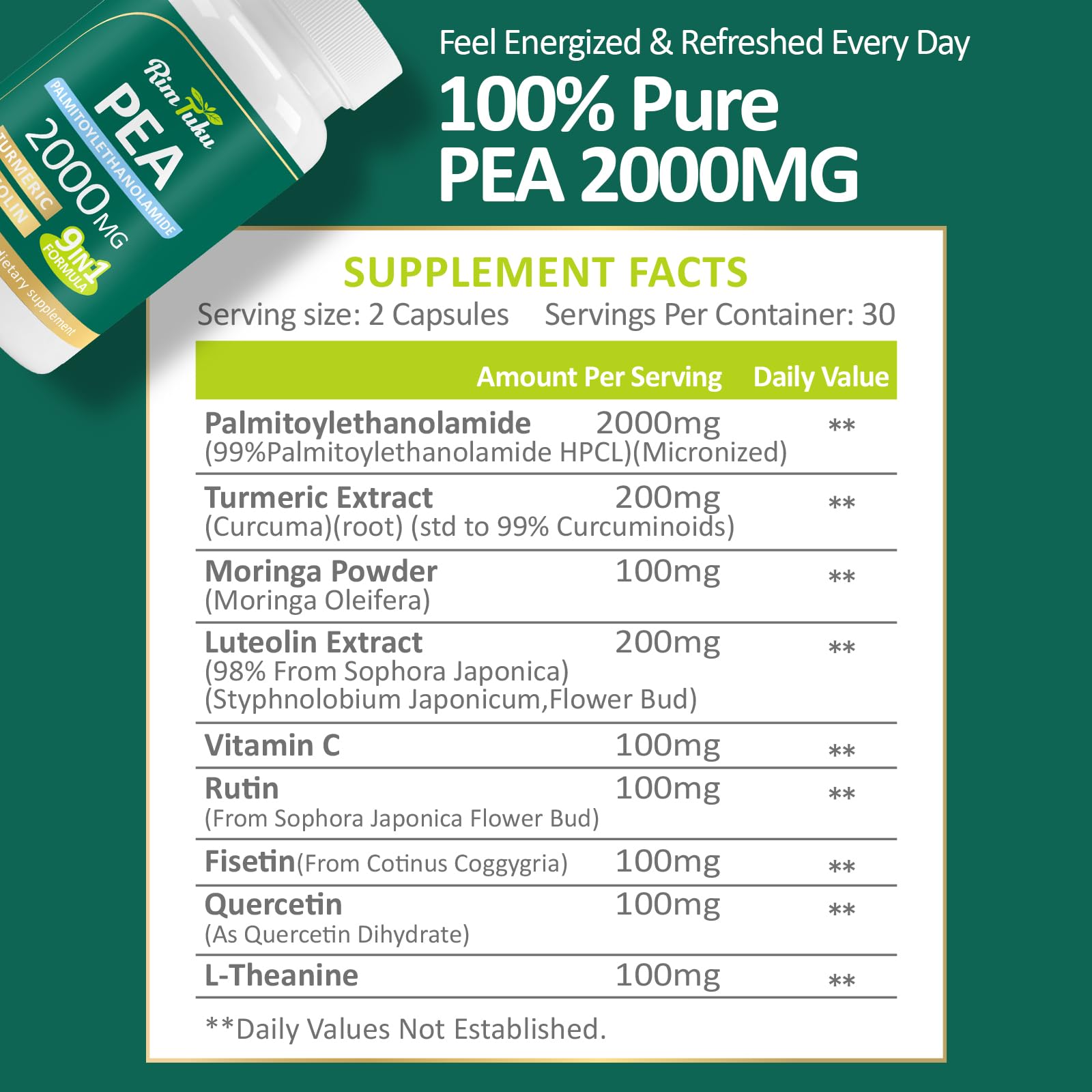 Liposomal Palmitoylethanolamide 2000MG + Luteolin 200MG + Turmeric 200MG & Fisetin 100MG, Micronized Pea 99% Highly Purified Enhanced Absorption Pea Supplement, 120 Capsules RimTuku uk supplements