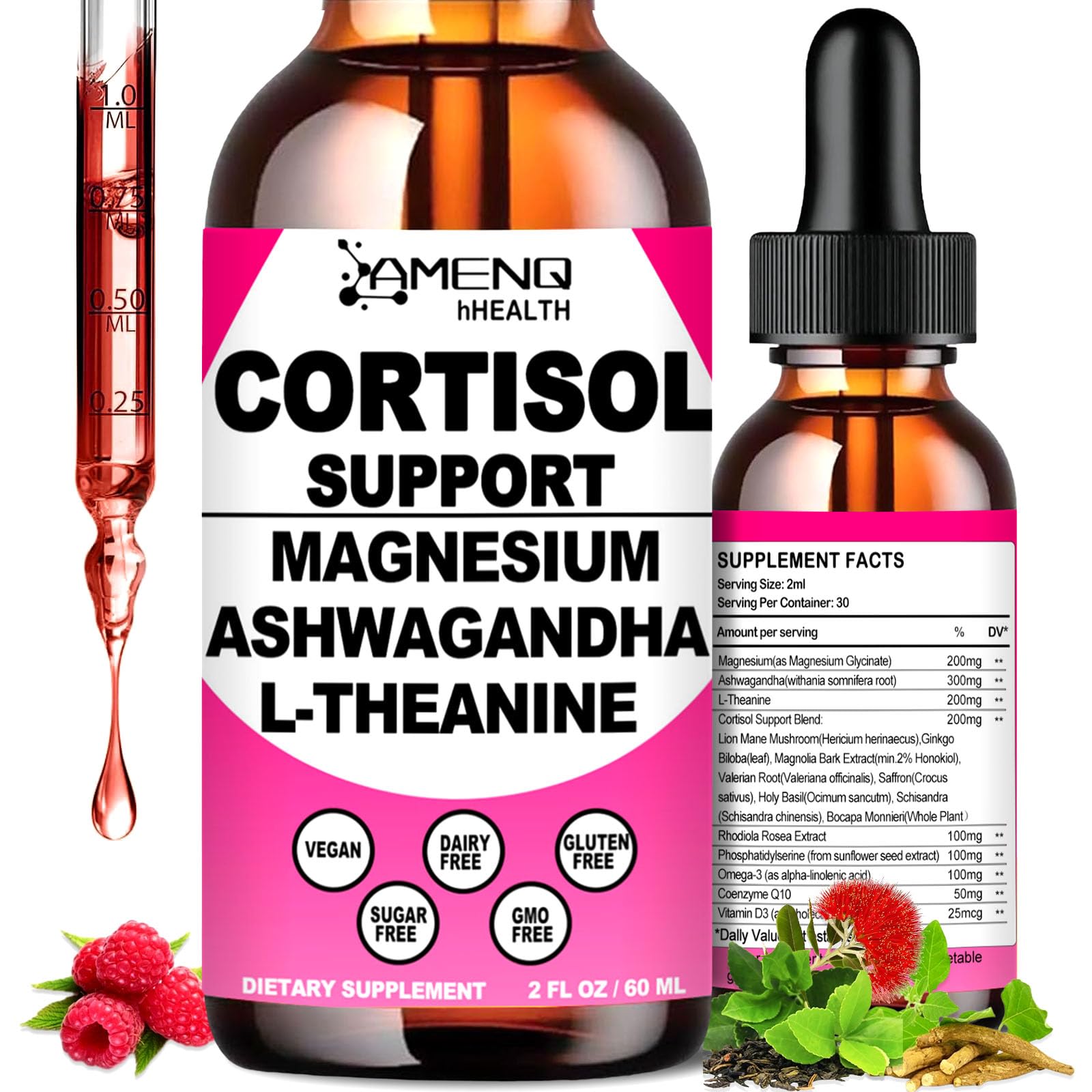 Cortisol Supplement Liquid Drops, 17-in-1 Cortisol Reducer w. Ksm-66 Ashwagandha Theanine Rhodiola Rosea Magnesium Phosphatidylserine, Hormone Balanced & Lower Cortisol for Women Calm* Relaxation AMENQ hHEALTH uk supplements