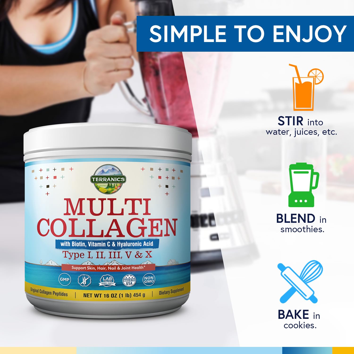 Terranics Multi Collagen Powder Type I II II V X with Biotin VC Hyaluronic Acid, Paleo Terranics uk supplements
