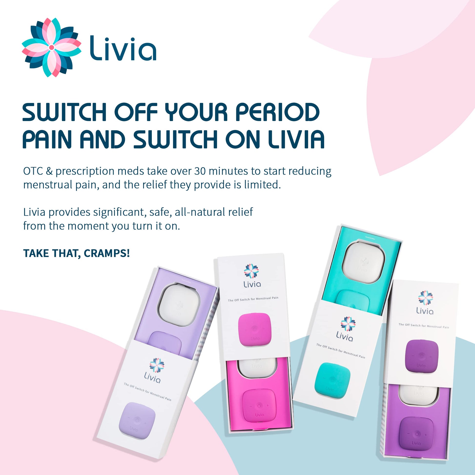 Livia Menstrual Pain Relief Device, Lavender - The Off Switch for Period Pain - Portable Unit with Stick-on Pads Livia uk supplements