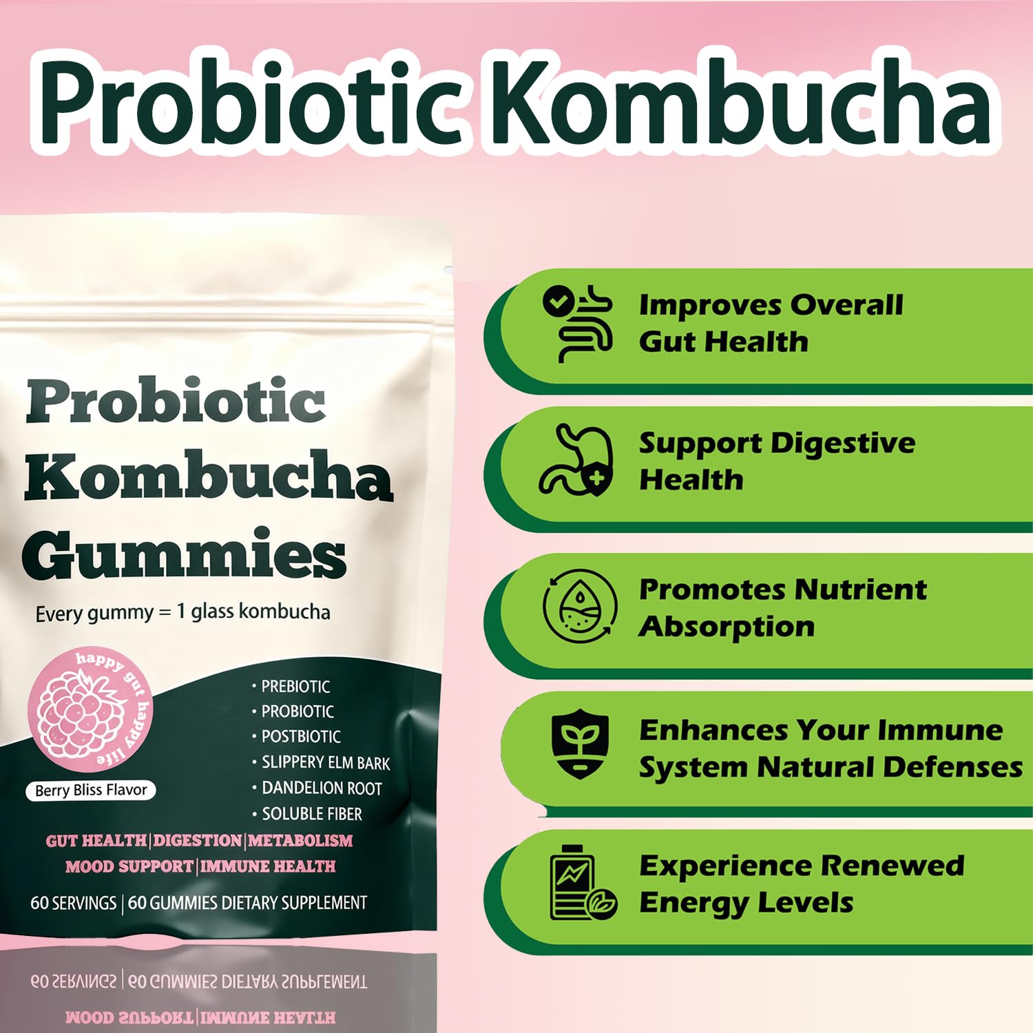 Glo Vous Probiotic Kombucha Gummies – 60 Gummies, with Prebiotics, Postbiotics & Fiber,Includes Slippery Elm, Dandelion Root & MCT Oil,Supports Digestive Health, Bloating Relief & Gut Support Glo Vous uk supplements