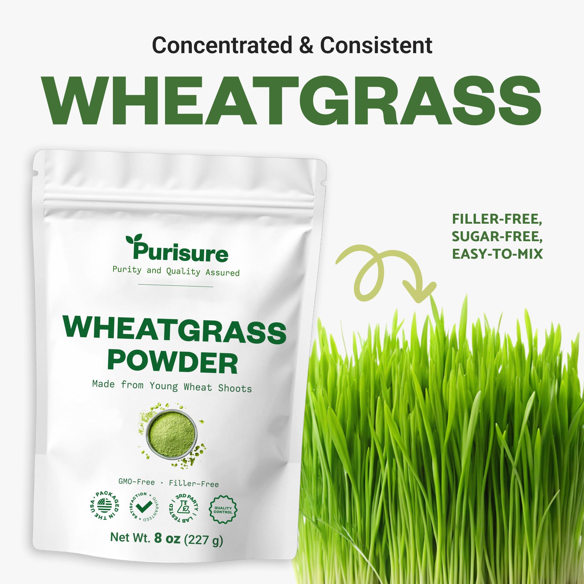 Purisure Wheatgrass Powder, 8oz, Wheat Grass Powder, Green Superfood for Salads, Smoothie and Shakes, Superfood Powder Rich in Immunity Vitamins, Fiber and Minerals, 76 Servings Purisure uk supplements