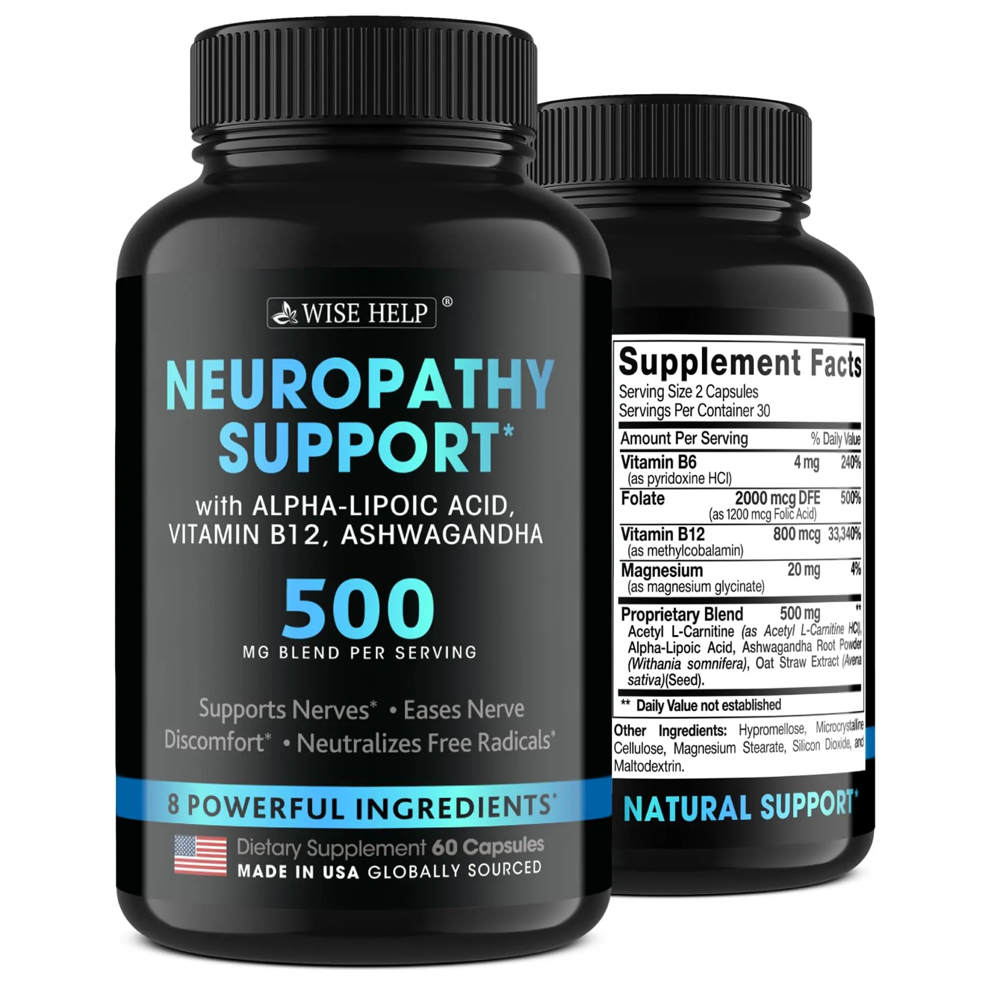 Neuropathy Support Natural Nerve Discomfort Relief - Made in USA - Nerve Antioxidant for Trigeminal Neuralgia, Diabetic & Peripheral Neuropathy - Hands, Neck, Feet & Toes Treatment Formula - 60 Caps WISEHELP uk supplements