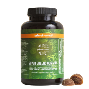 Primal Harvest Super Greens Gummies, Superfood Blend with Adaptogenic Mushrooms Vitamins & Nutrient-Rich Minerals & Antioxidants for Energy & Immune Support 1 Pack 60 Count, Primal Harvest uk supplements