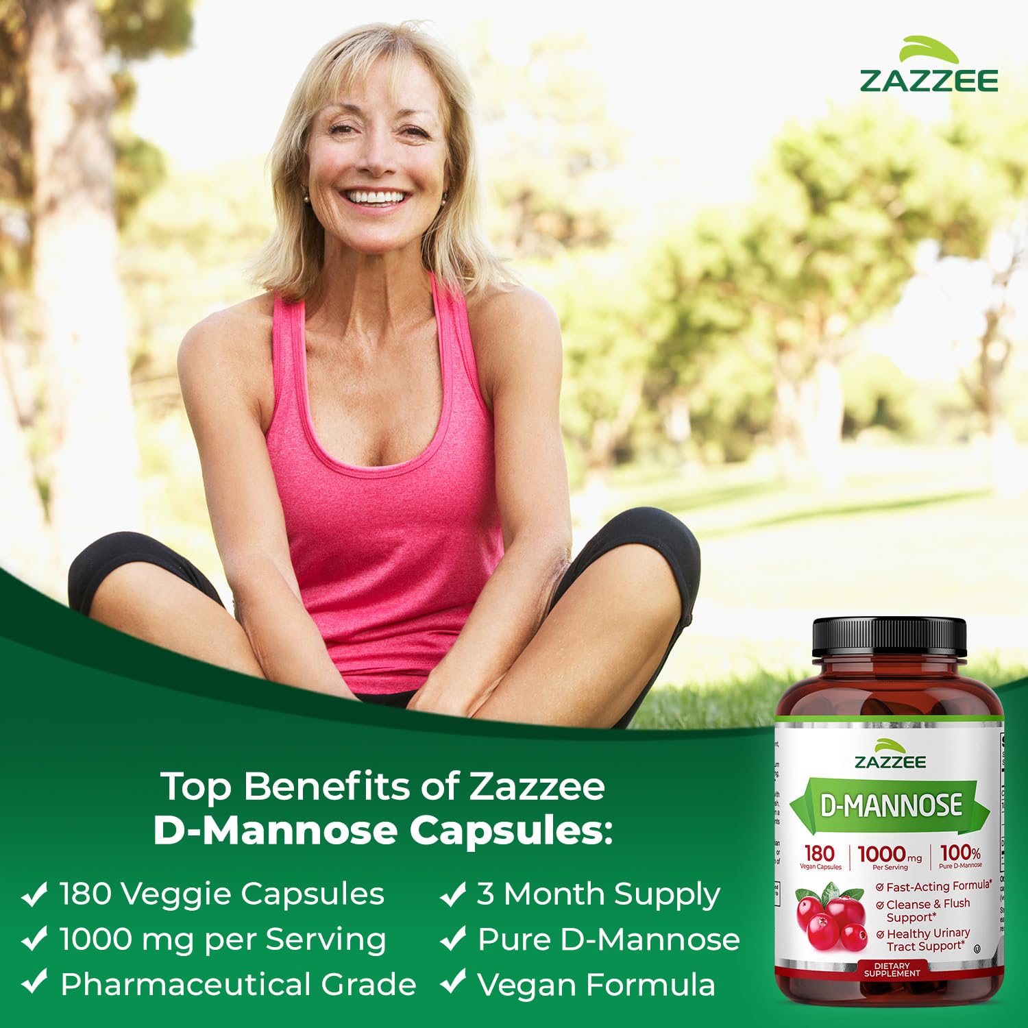 Zazzee D-Mannose, 1000 mg per Serving, 180 Vegan Capsules, 3 Month Supply, Potent & Fast-Acting, Certified Kosher, 100% Pure, All-Natural Urinary Tract Health Support, 100% Vegetarian, Non-GMO Zazzee uk supplements
