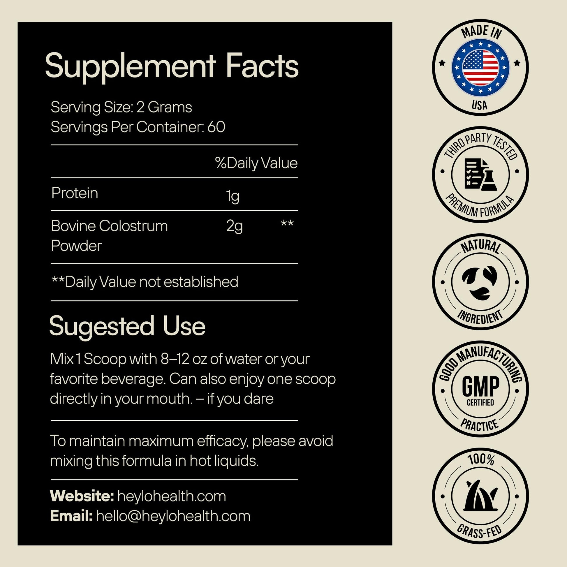 Heylo Premium Colostrum Powder – 100% Pure, Grass-Fed Bovine 40% IgG Supplement, Natural Gut Health Bloating Immunity Skin & Hair, Muscle Recovery, Rich in Immunoglobulins, 60 Servings Heylo Health uk supplements