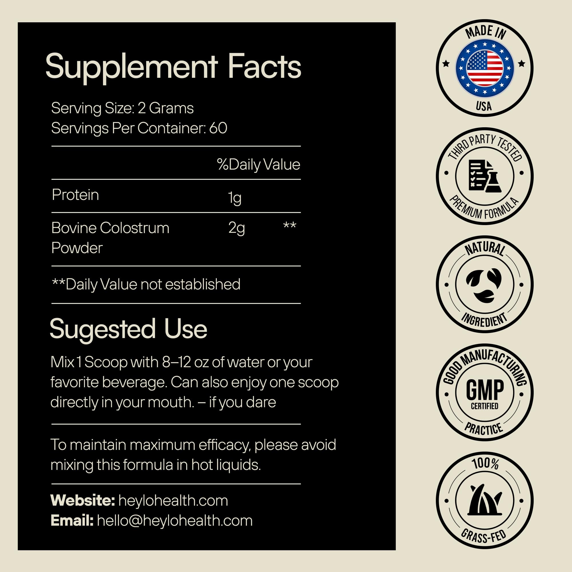 Heylo Premium Colostrum Powder – 100% Pure, Grass-Fed Bovine 40% IgG Supplement, Natural Gut Health Bloating Immunity Skin & Hair, Muscle Recovery, Rich in Immunoglobulins, 60 Servings Heylo Health uk supplements