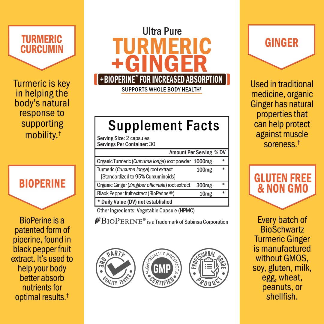 Organic Turmeric Curcumin and Ginger - 95% Standardized Curcuminoids with BioPerine BioSchwartz uk supplements