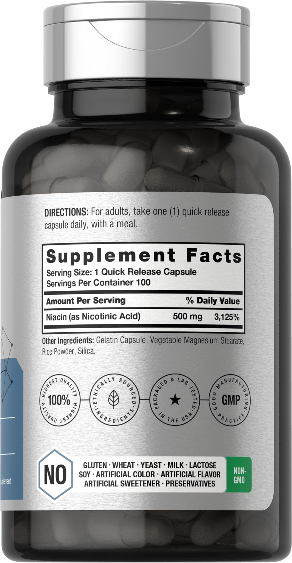 Niacin | Vitamin B3 500mg | 100 Capsules | with Flushing | Non-GMO, and Gluten Free Horbäach uk supplements
