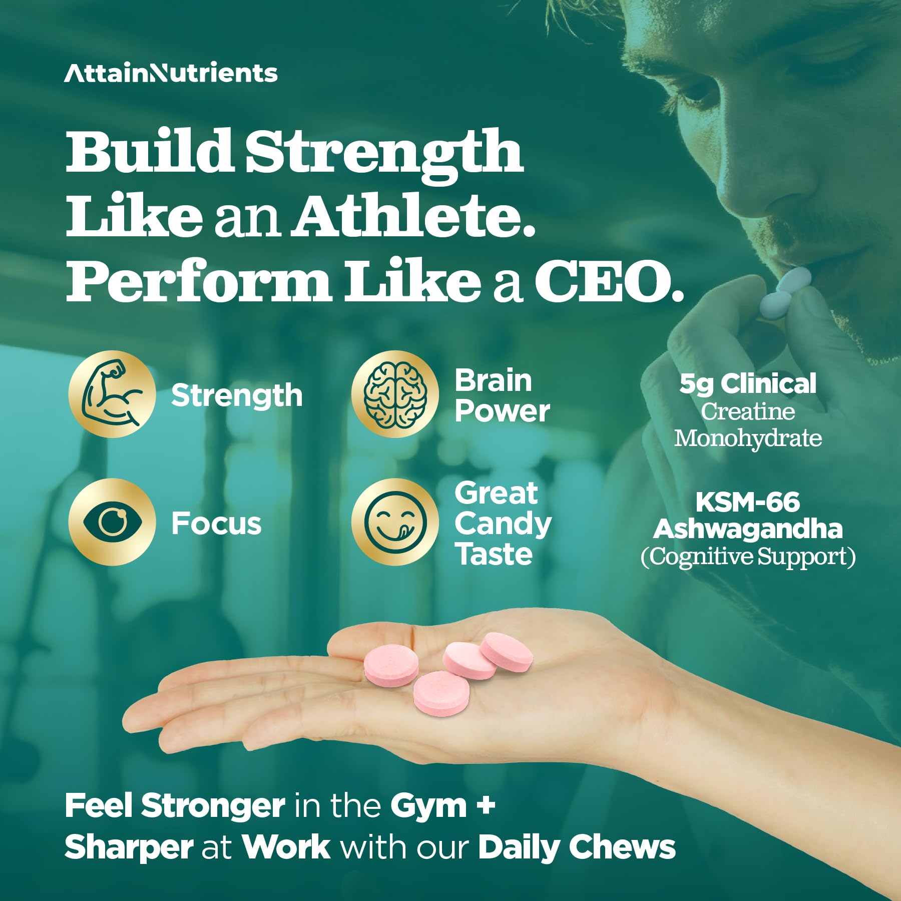 Creatine Chews - 5000mg Creatine Monohydrate Tablets for Men & Women with Ashwagandha KSM-66 - Low Sugar Muscle Support & Cognitive Boost - Gummy Alternative - 120 Count (Strawberry Lemonade) Attain Nutrients uk supplements