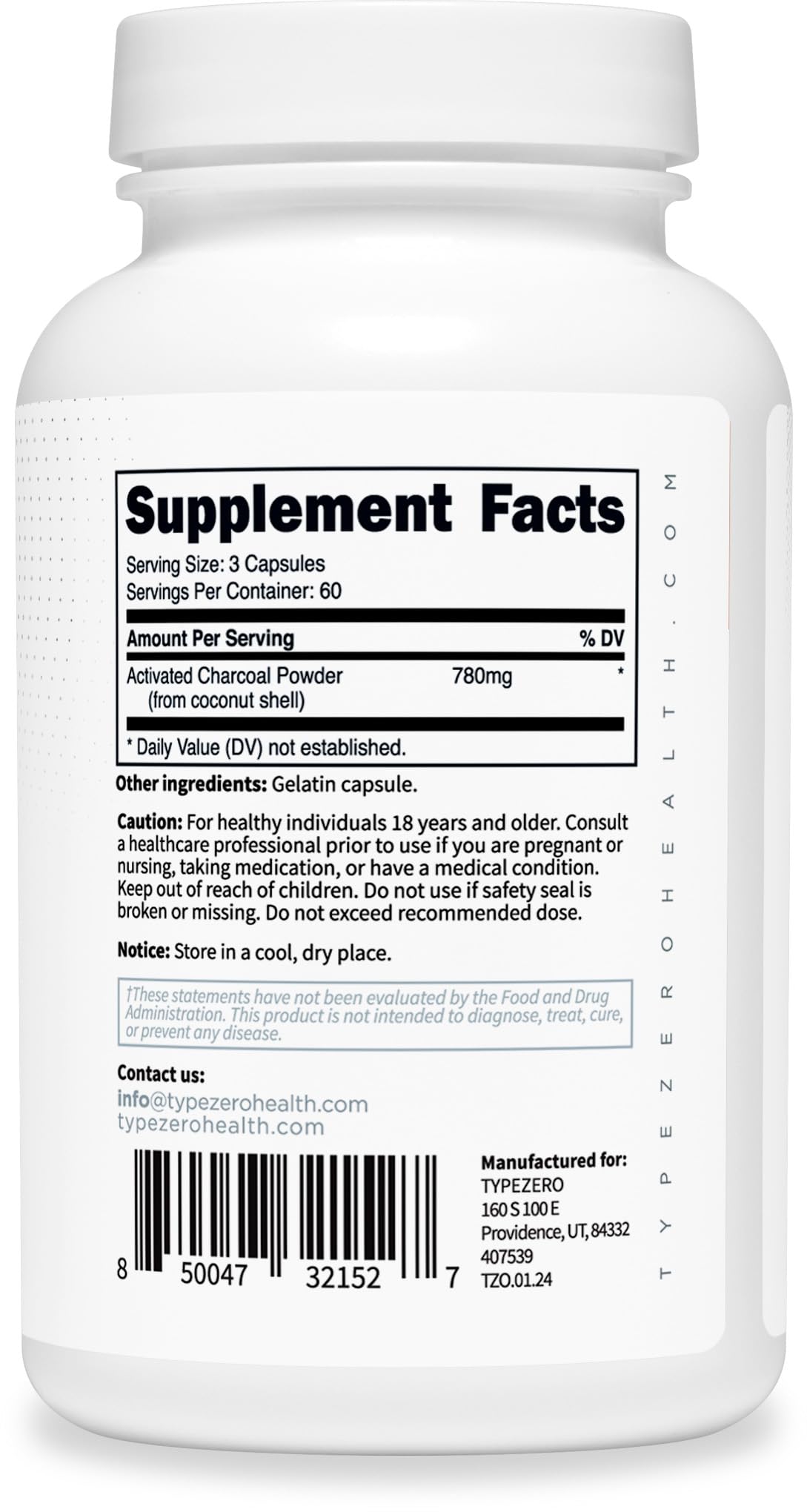 Type Zero Activated Charcoal Capsules (180 Count) - 60 Servings, 780mg Per Serving, from Coconut Shell, Non-GMO, Gluten-Free Type Zero uk supplements