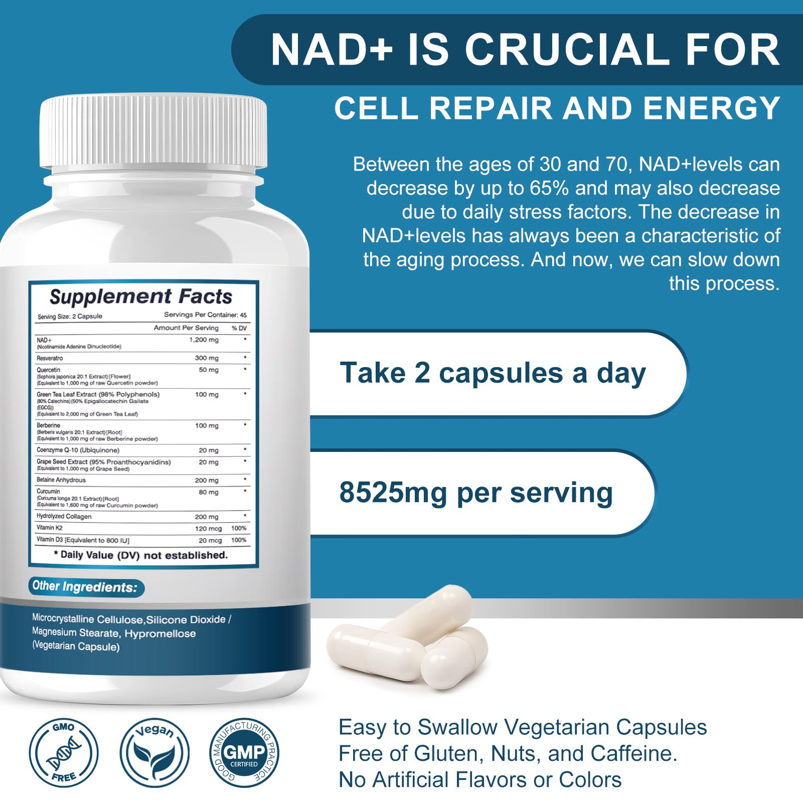 ETOVO NAD+ Supplement, 8525 mg Liposomal NAD Resveratrol Supplement for Women and Men with Coptisine Quercetin Curcumin Supports Cellular Health, Energy & Healthy Anti-Aging 180 Counts ETOVO uk supplements