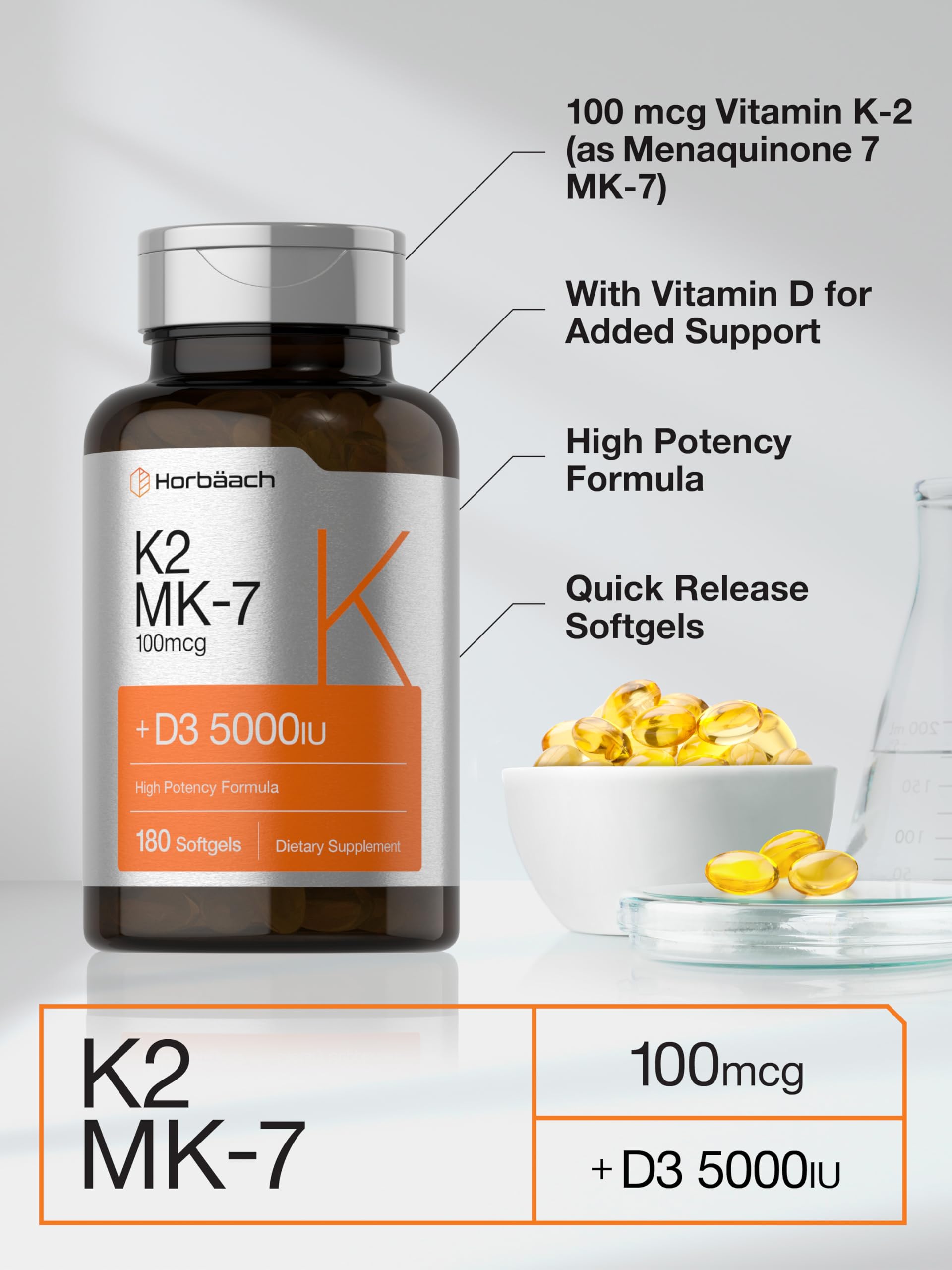 Horbäach Vitamin D3 K2 | 5000iu of Vitamin D & 100mcg MK-7 Complex | 180 Softgel Cap Horbäach uk supplements